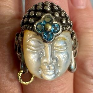 Gold, Silver and MOP Buddha Head Ring with Gemstone Accents by Barbara Bixby